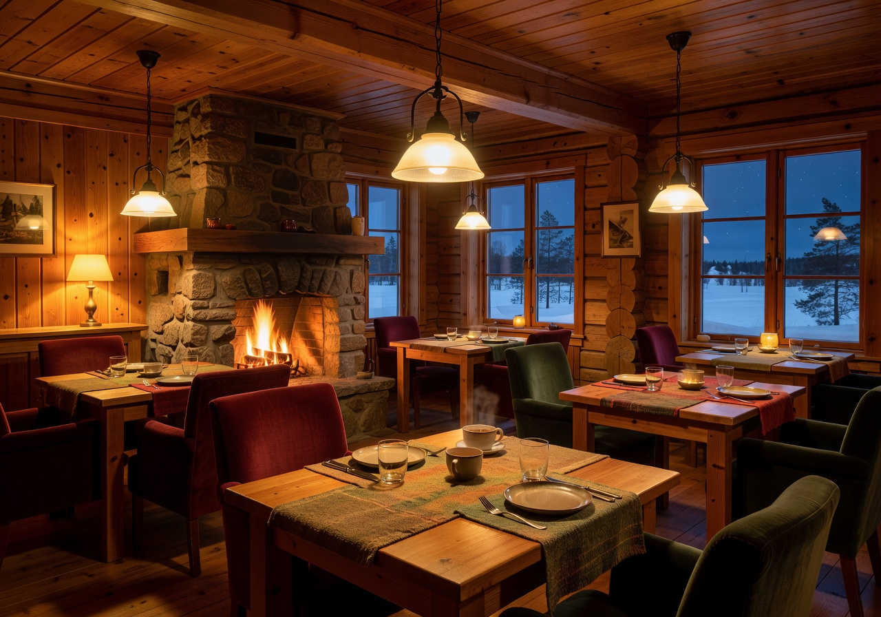 Lapland Hotel cozy wooden interior dining