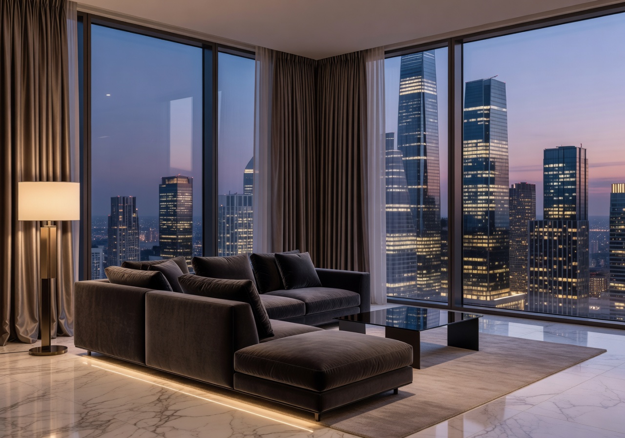 Luxury interior suite with large window view